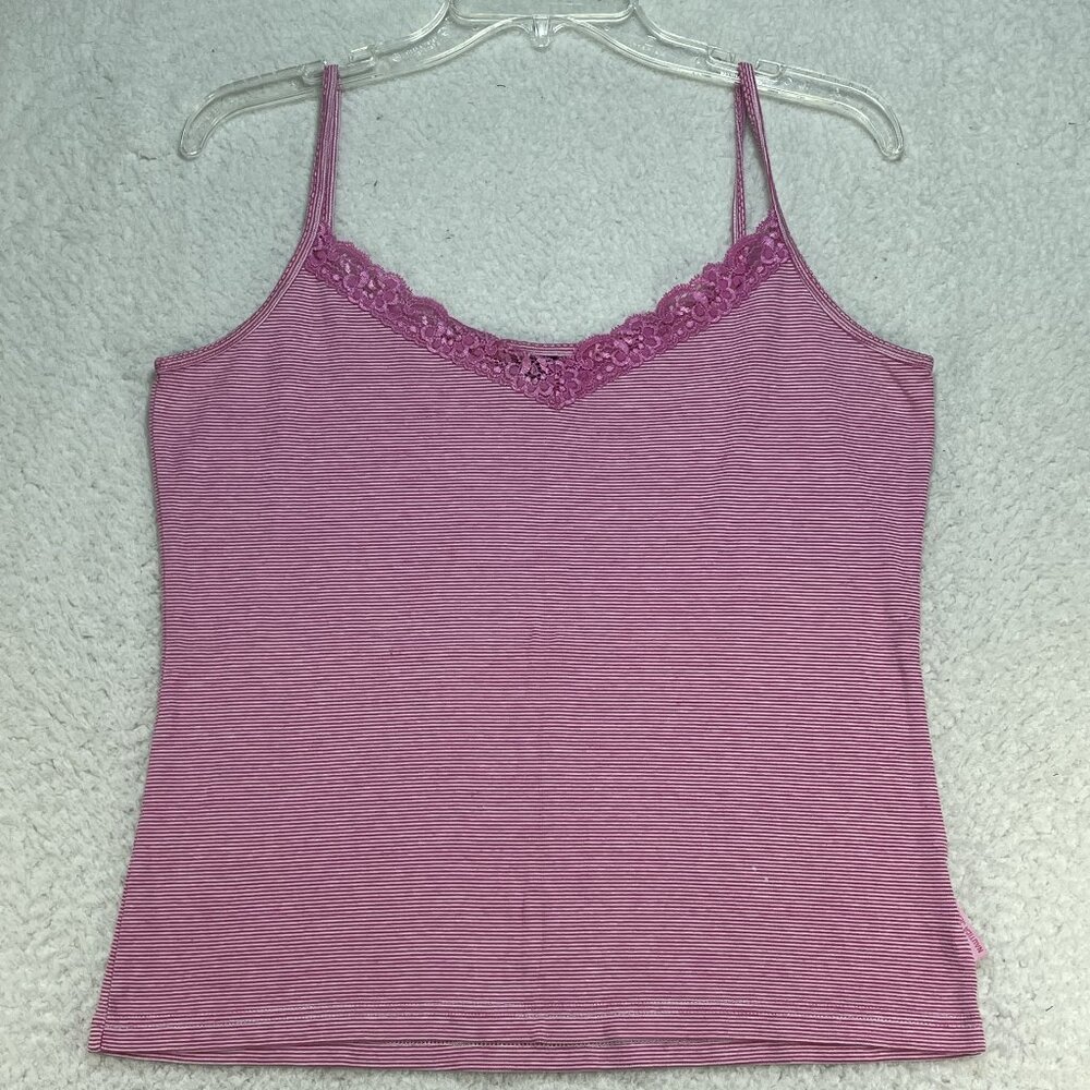 Nautica Tank Top Women’s Size Large Pink White Sleeveless Halter Striped Lace